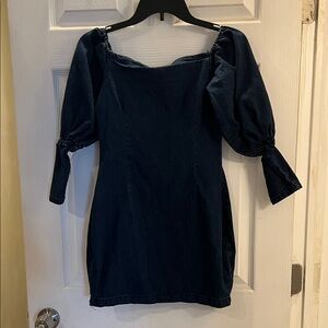 Dark Blue Puff-Sleeve Denim Mini Dress